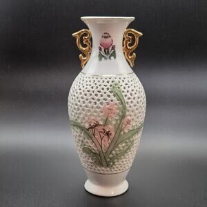 Vintage Chinese Porcelain Floral Enamel Vase Reticulated Pierced Design